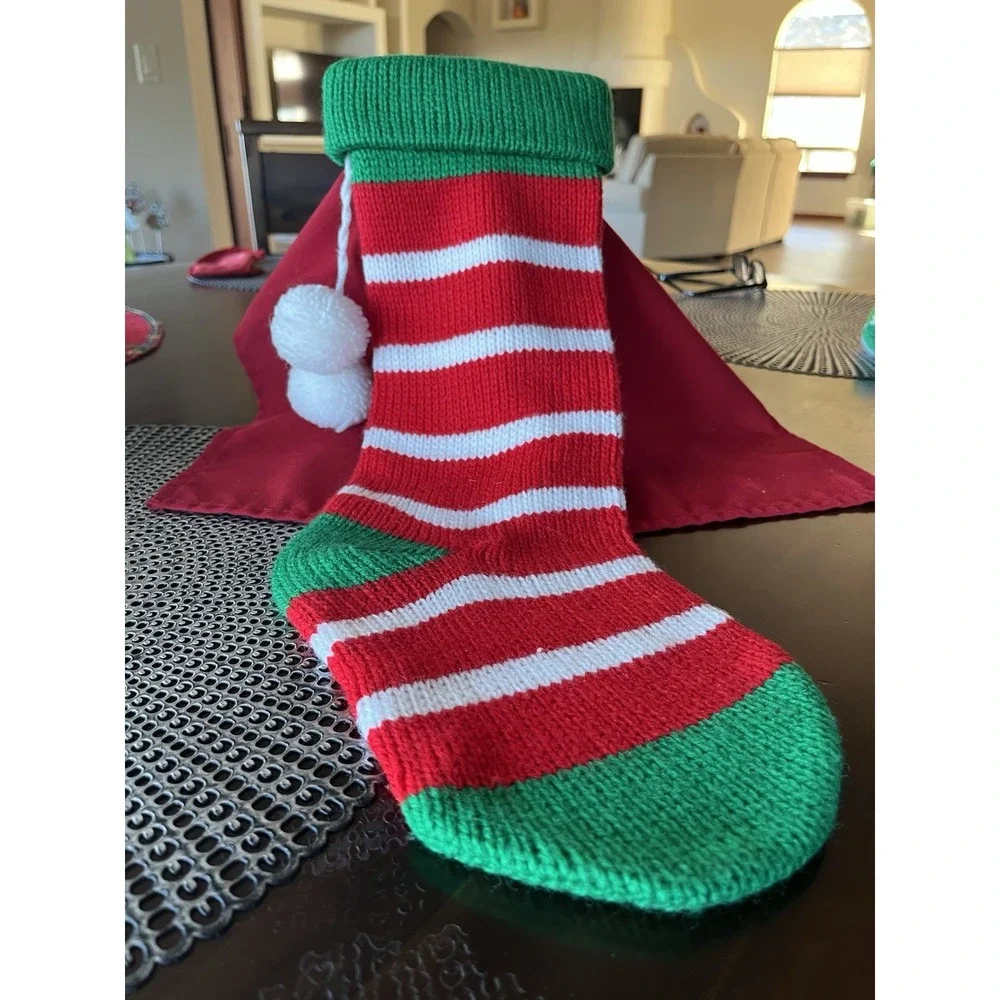 Vintage Festive Red &‎ White  Striped Christmas Stocking With Pom Poms 18